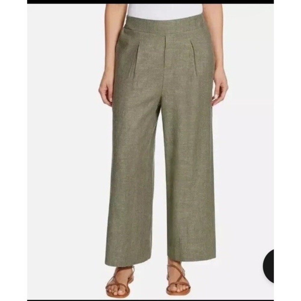 Ella Moss Womens L Wide Leg Pants Olive Green Linen Blend Elastic Coastal Earthy